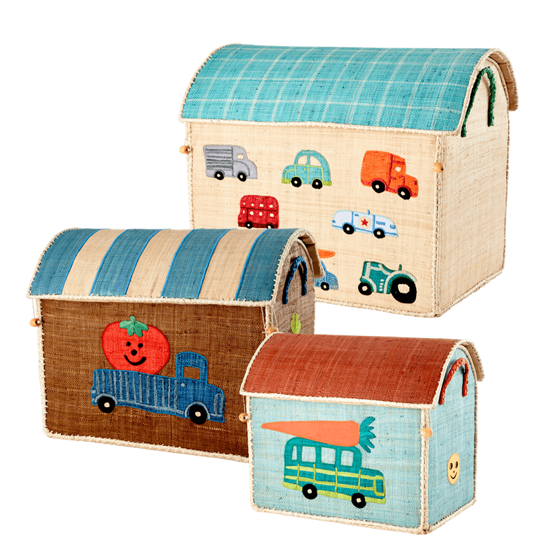 Set of 3 Car Theme Raffia Toy Storage Baskets By Rice DK
